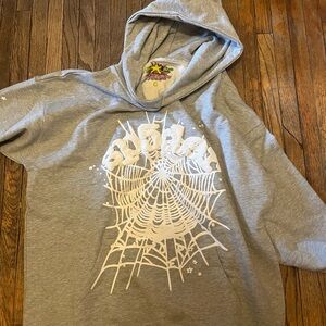Gray V-Neck Sweater with Spider Web Design